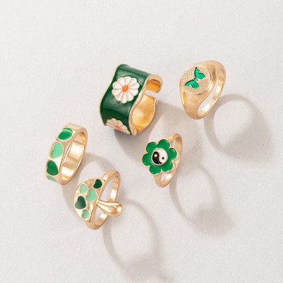 Vembley Trendy 5 Pcs Green Flower Heart Butterfly Mushroom Ring Set Alloy Gold Plated Ring Set