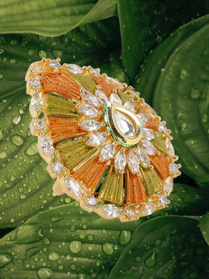 ANOUK American Diamond With Kundan Studded Meena Kari Adjustable Cocktail Ring Alloy Cubic Zirconia Gold Plated Ring