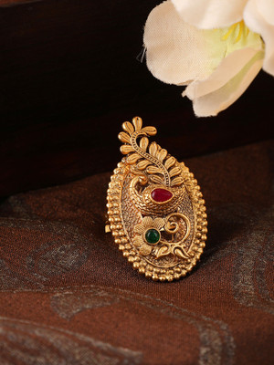 CHARMING JEWELS Gold Plated Matte Finish Stone Studded Oval Shape Peacock Ring_CJ Copper Cubic Zirconia Gold Plated Ring