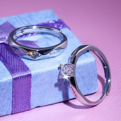 Vibeesle Romantic Her King Her Queen Ring Crystal Silver Plated Ring Couple Ring Women Stainless Steel Crystal Titanium Plated Ring