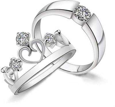 Inori AdjustableCoupleRingsComboforLoverCrownEngravedKingQueenAmericandiamondValentine Brass, Stainless Steel, Copper Cubic Zirconia Rhodium, Silver, Titanium Plated Ring Set