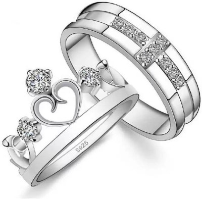 Ashu Enterprises Adjustable Couple Rings Silver Combo for Lovers Crown Engraved 'King Queen' Brass, Stainless Steel, Copper, Metal Cubic Zirconia Silver Plated Ring Set