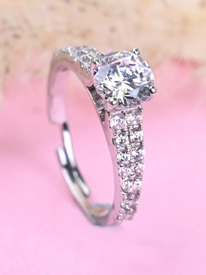 CLARA V Solitaire Sterling Silver Cubic Zirconia Rhodium Plated Ring