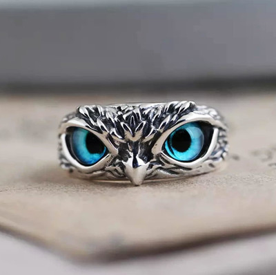 Ringzinee Crystal Glasses Blue Demon Eyes Ullu,Owl Face Design Bird Thumb Finger Ring Stainless Steel Silver Plated Ring
