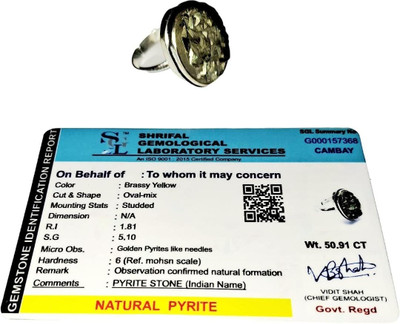 MIRAN AGATE Original Pyrite Ring for Wealth & Confidence Adjustable Unisex Ring with Certi Metal Crystal Ring