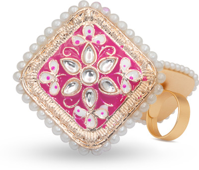 A R Fashion Traditional Kundan Pearl Meenakari Adjustable Ring for Women & Girls Wedding Alloy Pearl, Diamond Gold Plated Ring