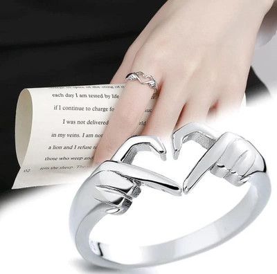 Vibeesle Geometric Palm Love Gesture Silver Couple Hands Than Heart Finger Thumb Ring Stainless Steel Silver Plated Ring