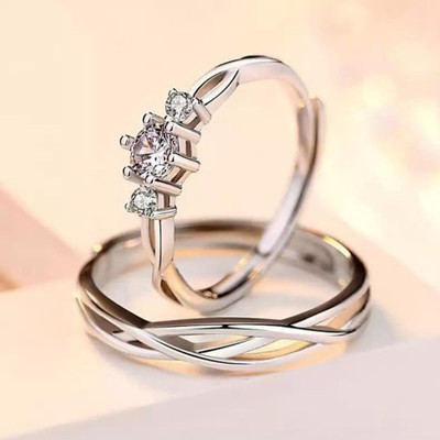 Agarwalproduct Adjustable Couple Rings for Lovers Valentine Gift Set Stainless Steel Ring Set Alloy Cubic Zirconia Platinum Plated Ring Set