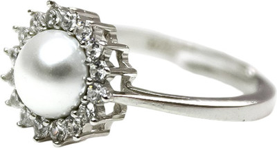 SILphony Timeless Pearl Zircon Halo Ring 925 Silver Rhodium Plated Ring