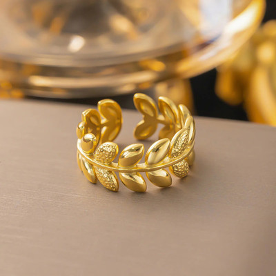 MARMORIS ECOM Trendy Anti Tarnish Adjustable Leaf Design Open Finger Ring for Women & Girls, Stainless Steel Gold Plated Ring
