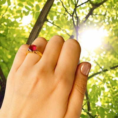 Gemzonite Ruby Ring Certified Manik Astrological Stone Brass Ruby Gold Plated Ring