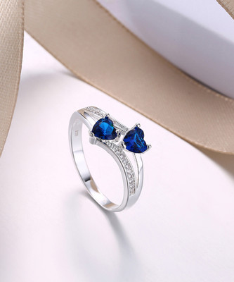YELLOW CHIMES Valentines Special Dual Heart Blue Crystal Adjustable Finger Ring for Women Crystal Crystal Silver Plated Ring
