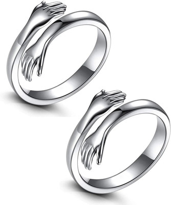 White Chimes (Set Of 2 Pcs) Silver Love Forever Valentine's Day Hand Hug Me Metal Silver Plated Ring Set