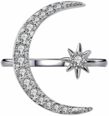 Ruhi Collection Crescent Moon & Star Adjustable Silver Ring Stainless Steel Cubic Zirconia Silver Plated Ring