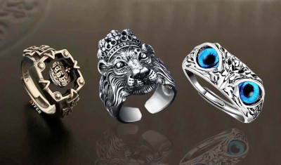 Syfer Lion Ring, Owl Ring, KIng Crown Ring for Men and Women (3 Rings Combo) Stainless Steel Silver Plated Ring Set