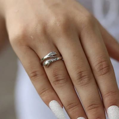 White Chimes Valentine Propose Adjustable Silver Open Hand Hug Ring For Women And Girls Alloy Silver Plated Ring