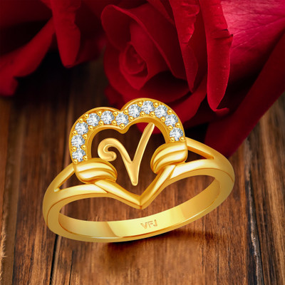 VIGHNAHARTA Valentine cluster'' V '' with heart ring alphabet cluster for women and Girls Brass Cubic Zirconia Gold Plated Ring