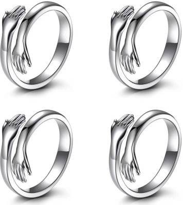 NEERAJYOTII Pack of 4 Silver-Plated Friendship Loved Ones Hug Ring Stainless Steel Silver Plated Ring Set