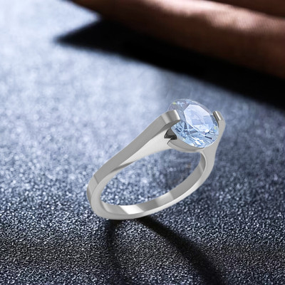 RJ IMITATION Sterling Silver Cubic Zirconia Blue Birth Stone Rhodium Plated Rings for Women Stainless Steel Cubic Zirconia Silver Plated Ring
