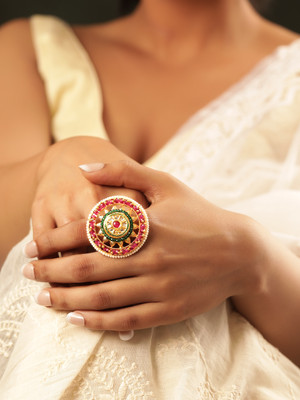 RUBANS 22K Gold plated Kundan Studded Red Crystal with Handcrafted Adjustable Ring Brass Gold Plated Ring