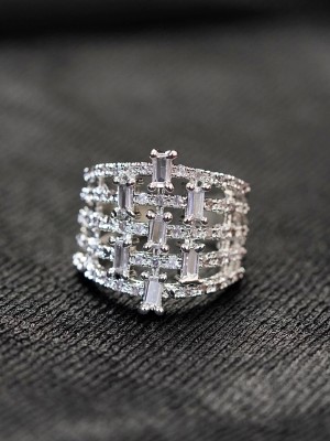 Zoey Silver Plated AD- Studded Adjustable Finger Ring Brass Cubic Zirconia Rhodium Plated Ring