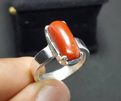 Gemzonite Coral (Moonga) Original Precious stone Moonga Certified and Astrological Brass Coral Silver Plated Ring