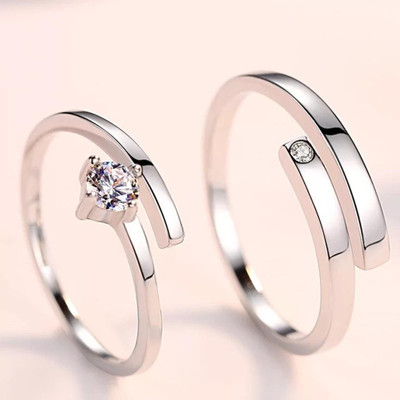 MYKI King & Queen Sterling Silver Zirconia Adjustable Couple Rings Stainless Steel Cubic Zirconia Silver Plated Ring Set