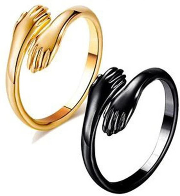 White Chimes Set Of 2 Love Forever Valentine's Day Hand Hug Me Thumb Finger Ring Stainless Steel, Metal, Brass Cubic Zirconia Gold, Titanium, Black Silver Plated Ring
