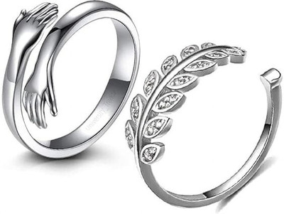 NEERAJYOTII Zircon Leaf Silver Plated Ring Combo with Hug Ring (Pack of 2) Alloy Silver Plated Ring