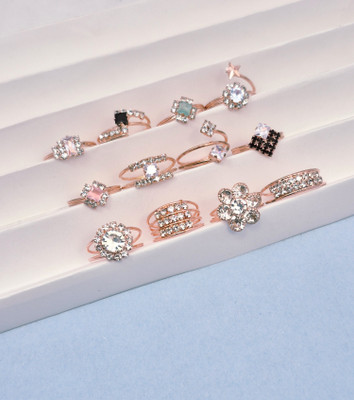 Divyanshi Collection Partywear Gold & Silver Plated Stackable Multi Sizes 12 Rings Set Brass Diamond Gold, Silver Plated Ring Set