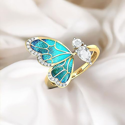 STAR CREATION Women Blue Half Crystal Butterfly Finger Ring, One size Alloy Ring