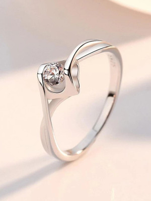 Devora Beautiful Hollow Heart Zircon Silver Adjustable Ring For Women & Girls Stainless Steel Zircon Sterling Silver Plated Ring