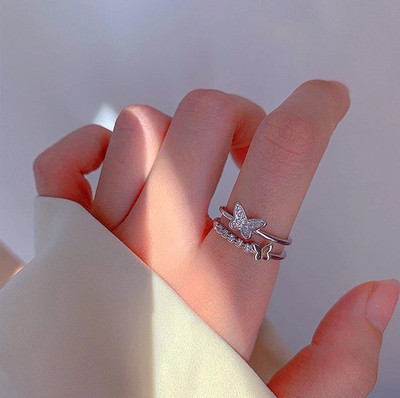 Utkarsh JAR0567-01 Nug/Stone Studded Love Sparkling Dual Butterfly Knuckle/Finger Rings Stainless Steel Ring