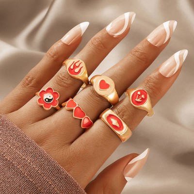 Vembley Beautiful Flower Heart Cherry Red 6 Pcs Ring Set For Women And Girls Alloy Gold Plated Ring Set