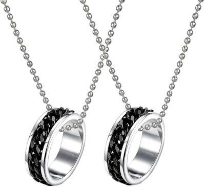 Utkarsh Set Of 2 Rotatable Silver & Black Link Chain Spinner Fidget Ring Pendant Locket Stainless Steel Pendant Set