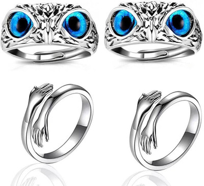 Viibesle Combo of 2 Silver plated Blue Eye Owl Ring & 2 love Hug Ring special for couples Alloy Silver Plated Ring Set