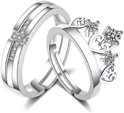 White Chimes King Crown Queen And Cross Adjustable Sterling Silver Plated Ring Set Alloy Ring Set