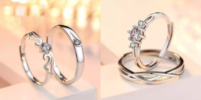 Vibeesle combo of Adjustable Couple Rings for lovers valentine gift (2 set, total 4 no.) Alloy Silver Plated Ring Set