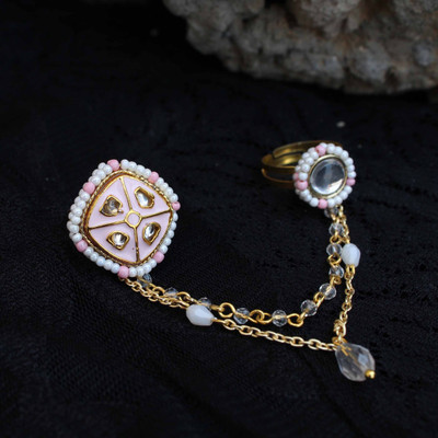 Beabhika BeAbhika Enamelled Beauty Two-Finger Ring Alloy Gold Plated Chain Ring - Multi Finger