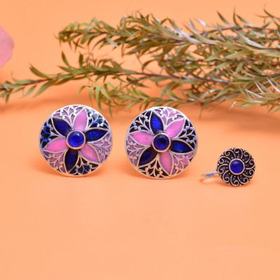 Tanusha Jewels Bichiya & Nosepin Set for Womens Brass Black Silver Plated Toe Ring Set