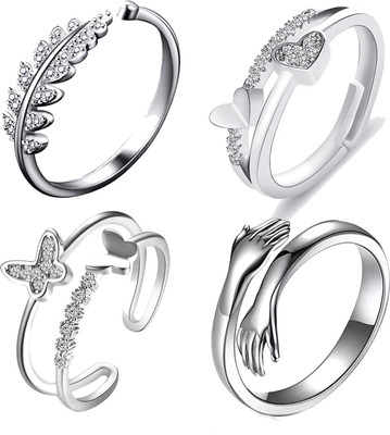 Thrillz Silver Ring For Women Heart AD Butterfly Hug Silver Ring For Girls Combo of 4 Stainless Steel Cubic Zirconia Sterling Silver Plated Ring Set