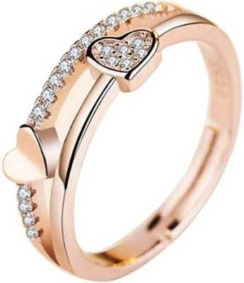 Love And Promise Double Layer Dual Heart Shape Rose Gold Ring For Girls &Women Adjustable Ring Stainless Steel Cubic Zirconia Rhodium Plated Ring