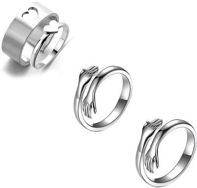 AVR JEWELS Silver plated Couple Heart and Hug Ring Combo For Men and Women Alloy Silver Plated Ring Set