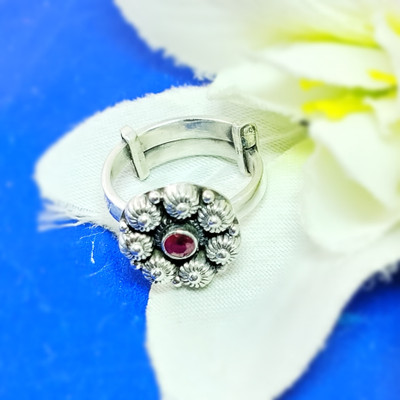 jsaj ROUND SHAPE RING WITH RUBY STONE IN 925 STERLING SILVER Sterling Silver Ruby Silver Plated Ring