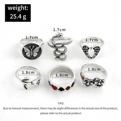 YY Creations Snake Butterfly Heart Wing Korean Ring Set of 6 Stainless Steel Cubic Zirconia Silver Plated Ring Set