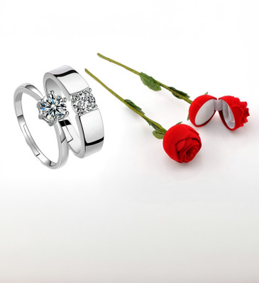 SILVERISH Valentine Day Gift Couple Ring With Beautiful Red Rose Box Alloy Cubic Zirconia Platinum Plated Ring Set