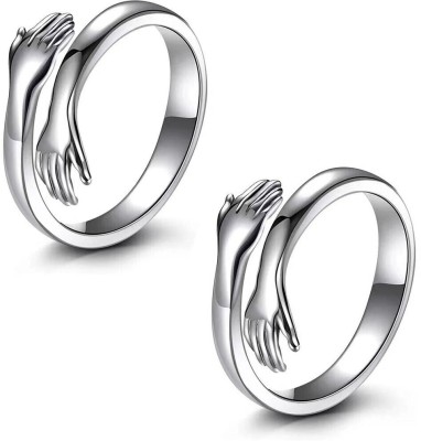 Animated Pack of 2 Special For Couple Silver Plated Friendship Loved Ones Hug Ring Stainless Steel Ring