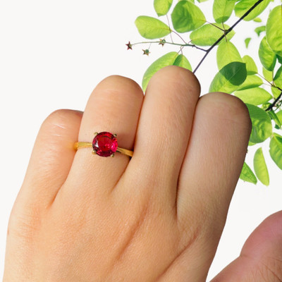Gemzonite Ruby Ring Certified Manik Astrological Stone Brass Ruby Gold Plated Ring