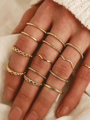 Dressberry 14 Piece Plain Chain Multi Designs Stacked Ring Set Alloy Gold Plated Ring Set