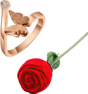 Thrillz Valentine Gift For Girlfriend Butterfly Ring For Women Ring With Red Rose Stainless Steel Cubic Zirconia Gold Plated Ring